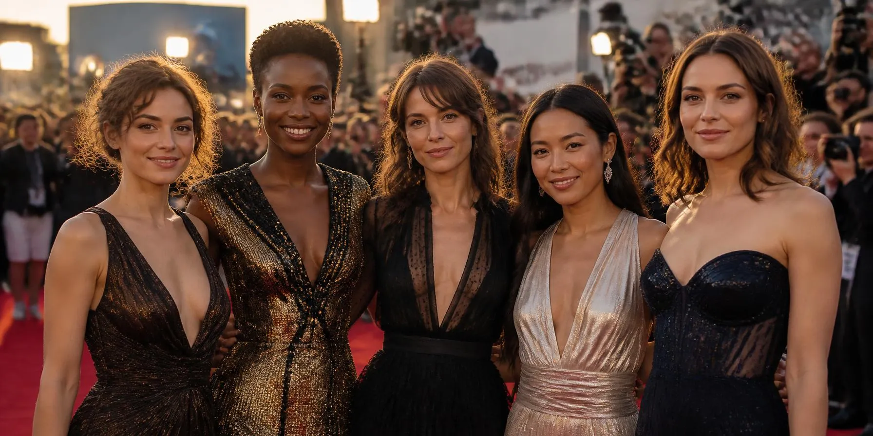 Diverse group of celebrities on the red carpet with full faces visible