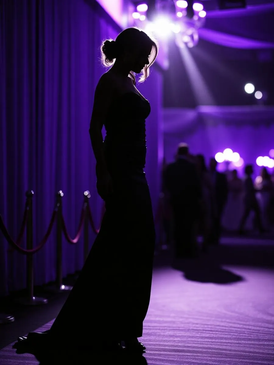 Silhouette of a glamorous star on the red carpet under purple stage lights